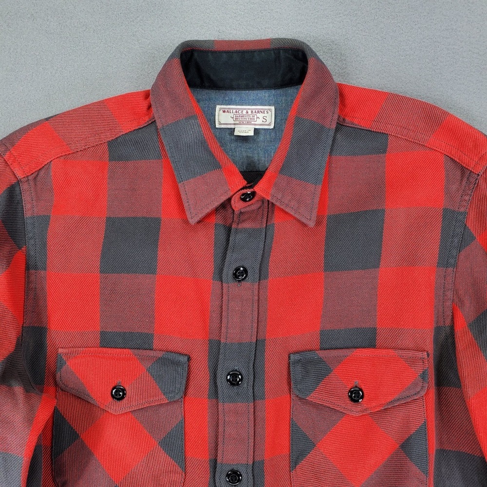 Wallace & Barnes Shirt Men Small Gray Red Button Up Flannel Buffalo Plaid J Crew
